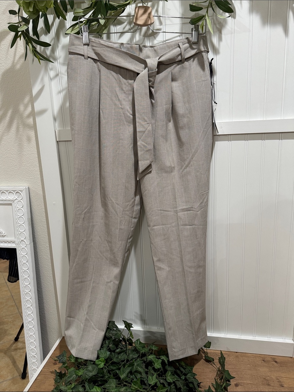 NWT! #255 MAISON D’AMELIE High Waist Glen Belted Plaid Trousers - Beige